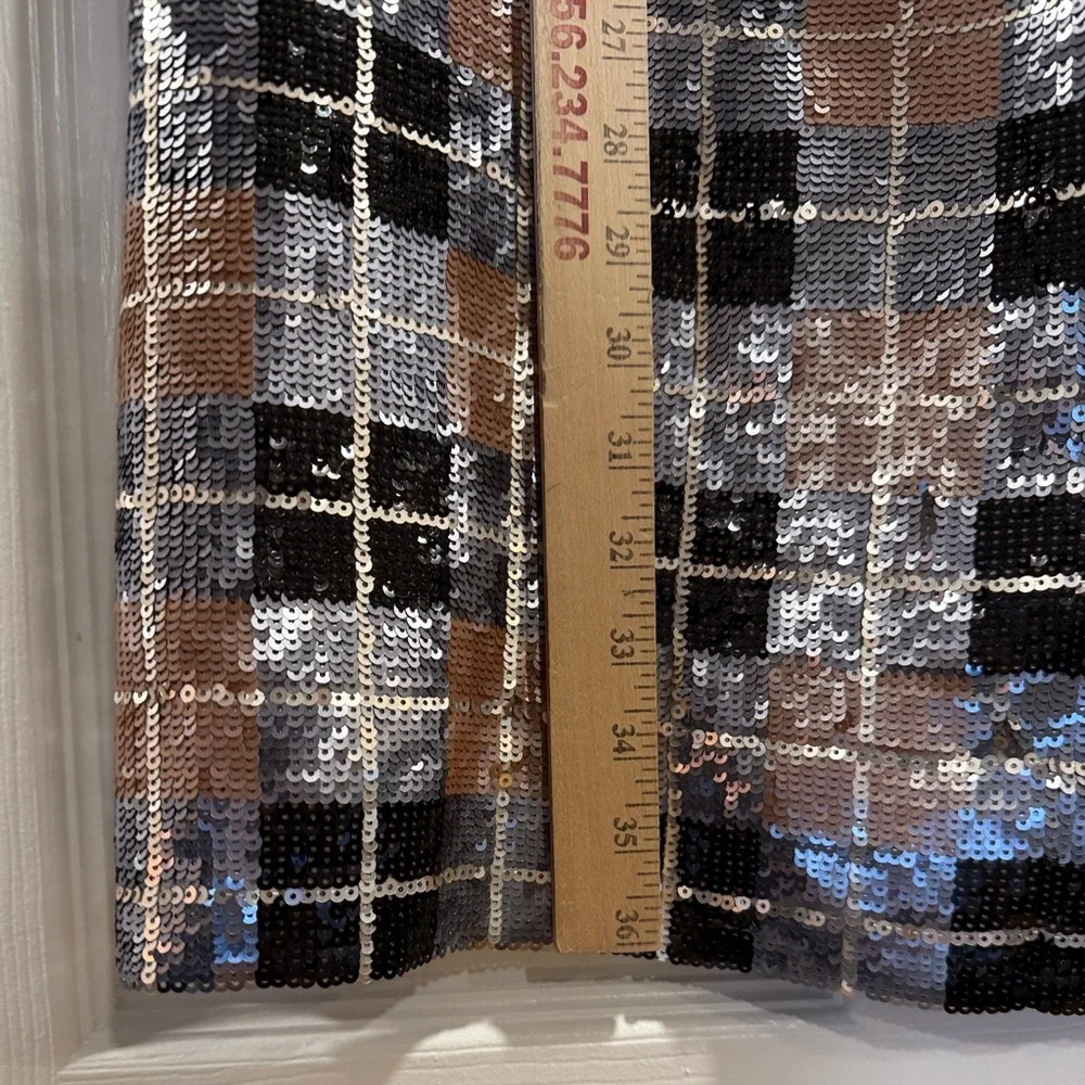 *Kate Spade Sequin Plaid Shift Dress Pumice 6 V Neck Short Sleeve Mini | AT 728